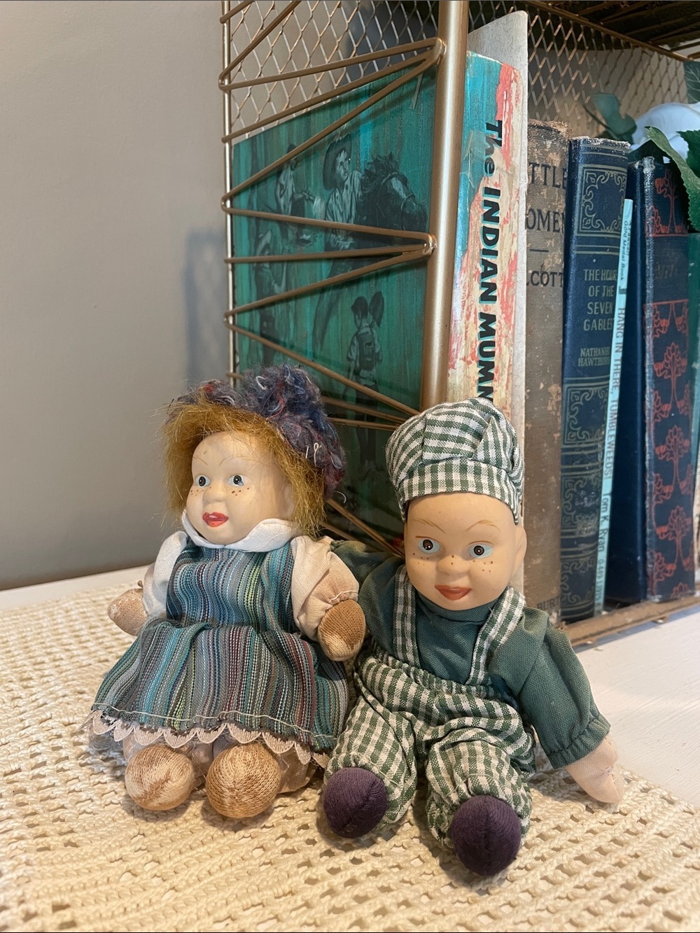 Pair of small cute & creepy dolls bisque head fabric body